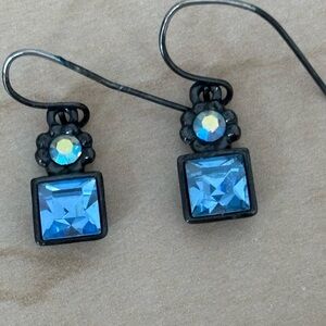 Blue Square Crystal Rhinestone Drop Earrings in gun metal